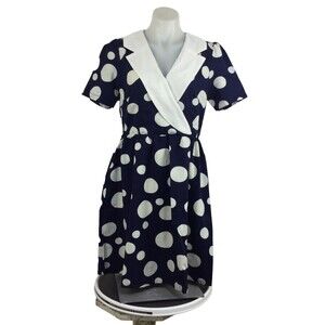 Modcloth BEA & DOT Polka Dot Retro Collared V-Neck Short Sleeve Dress Blue Large